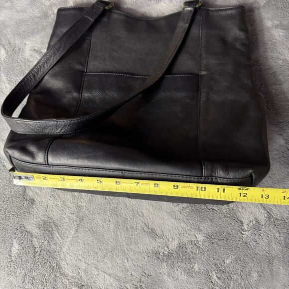 Black Leather Shoulder Bag Hobo Style Double Top Handle Purse Minimal Unbranded - Picture 11 of 13
